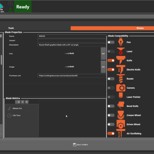 Track blade usage & history automatically. Limit blade life by meters cut, hours of usage or number of cycles. β Blade Library